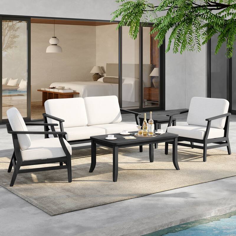 5-Piece Outdoor Teak Wood Patio Conversation Set with Cushions - BlackFrame-Beige