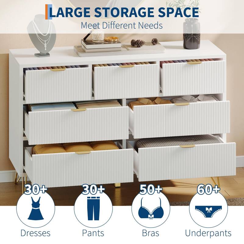 7-Drawer Dresser for Bedroom, 47.2" Wide Modern Wooden Chest with Gold Metal Legs & Handles