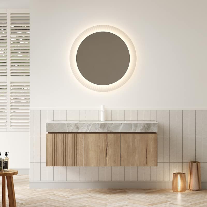 30"/36"/48" Wall-Mounted Bathroom Vanity with Ceramic Sink, Sintered Stone Countertop Floating Bathroom Storage Cabinet - Light Gray,White Oak - 48 Inch