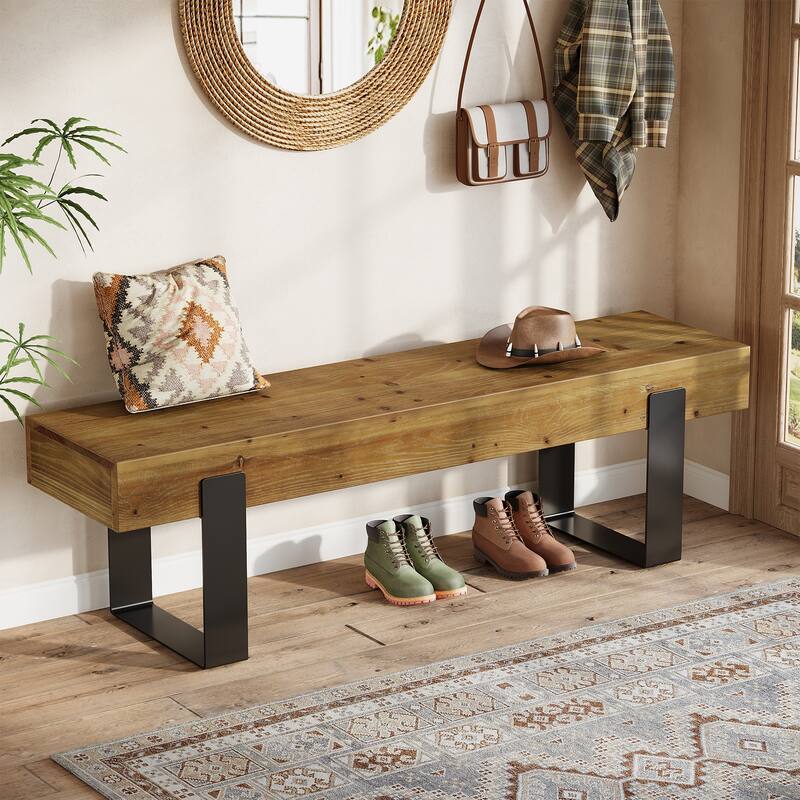 63" Solid Wood Entryway Bench with Metal Legs, Farmhouse - Brown