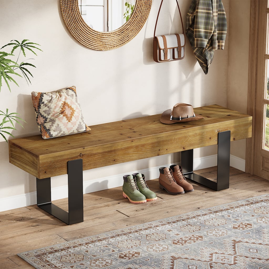 63" Solid Wood Entryway Bench with Metal Legs, Farmhouse