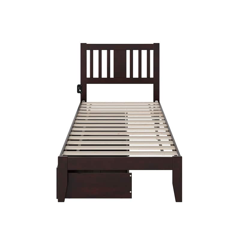 Twin XL Bed with Drawers - Espresso Wood Bed Frame, USB Charging, Slat Kit Included - HomeStock
