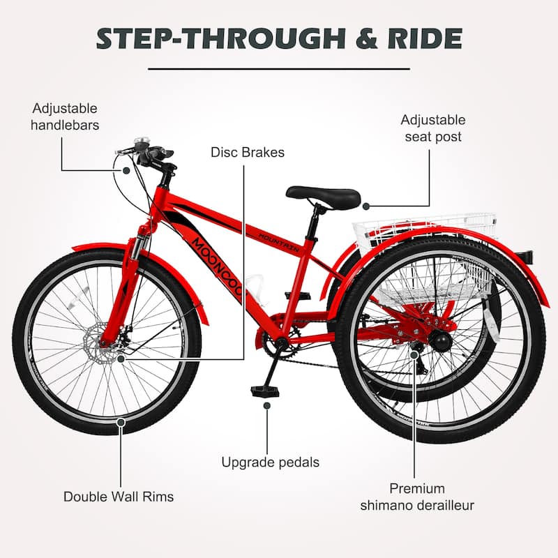 DoCred Mountain Tricycle 7 Speed 3 Wheel Bike with Basket