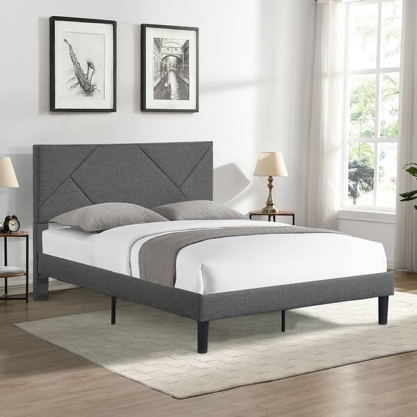 slide 2 of 8, Platform Bed Frame with Headboard, Strong Wood Slat Support Grey