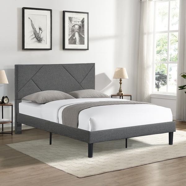 slide 2 of 9, Queen Size Upholstered Platform Bed Frame with Wood Slat Support, No Box Spring Required, Easy Assembly Grey