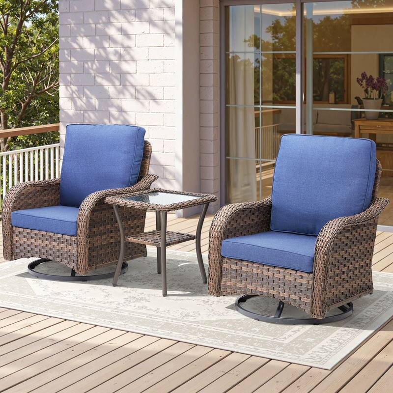 Cavira 3-Piece Brown Wicker Outdoor Patio Swivel Glider Chairs with Side Table - Navy Blue Cushions - Brown Wicker