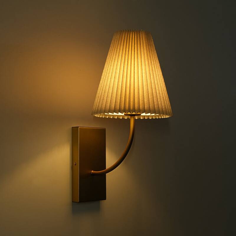 Mid-Century 1-Light Pleated Ivory Fabric Armed Wall Sconce