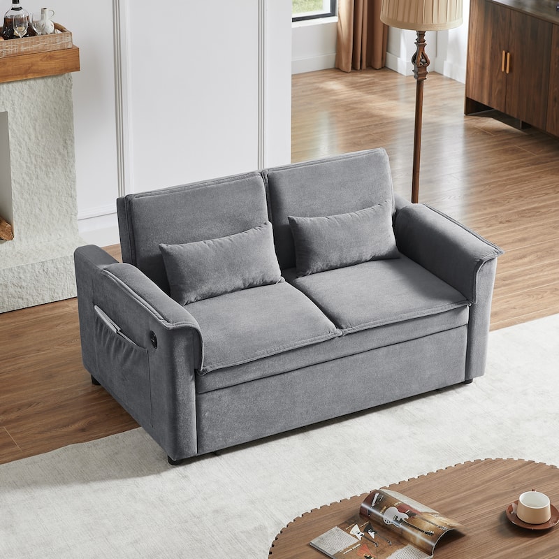 Fabric Convertible Sleeper Sofa Bed, Pull Out Sofa Bed with Adjustable Backrest, Leisure Sofa with 2 Lumbar Pillows