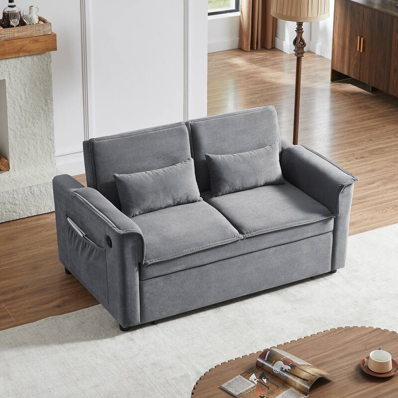 Loveseat Convertible Pull-out Sleeper Sofa Bed, Adjustable Backrest Tufted Couch with USB Ports and 2 Pillows Recliner Sofa