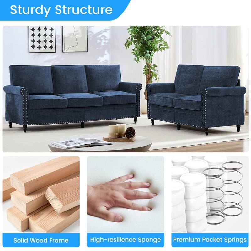 Mixoy 2 Piece Living Room Sofa Set with Riveted Design,Chenille Nailhead W76''3-Seater Sofa Couch with W53''Loveseat Sofa
