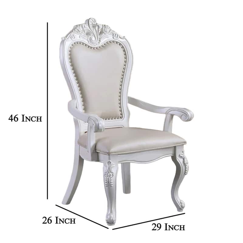 Zenie Dining Armchair Set of 2, Carved Cabriole, Faux Leather, White Wood