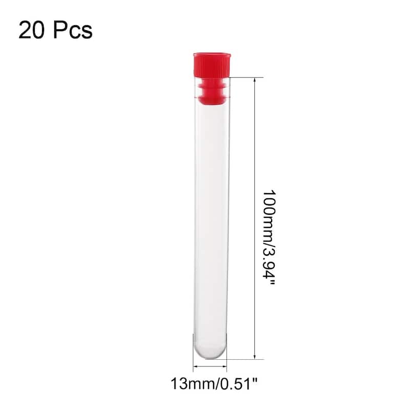 20 Pcs Centrifuge Test Tubes Round Bottom Polystyrene with Red Cap 13 x 100mm - Clear