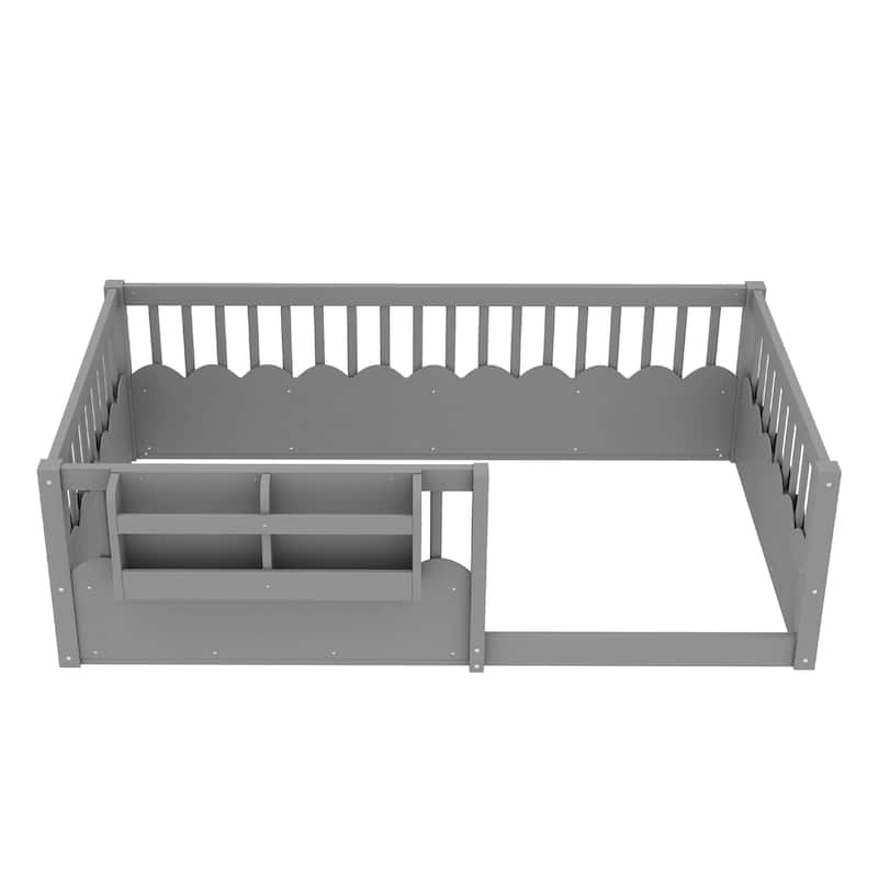 Montessori Floor Bed Kids Bed Frame with Heightened Fence and Bookshelf, Wavy Decoration Wood Platform Bed, No Slats Design