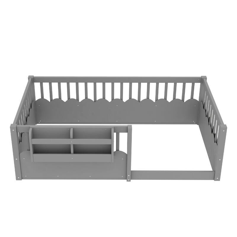 Roomfitters Floor Bed with Bookshelf and Heightened Fence, Solid Wood Frame with Guardrails