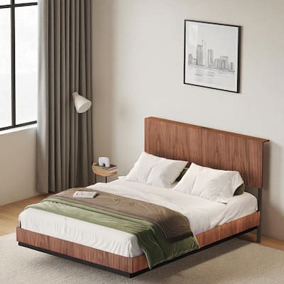 Queen Walnut Floating Bed Frame with LED Lights, Charging Station, Wavy Headboard, Heavy Duty Metal Support