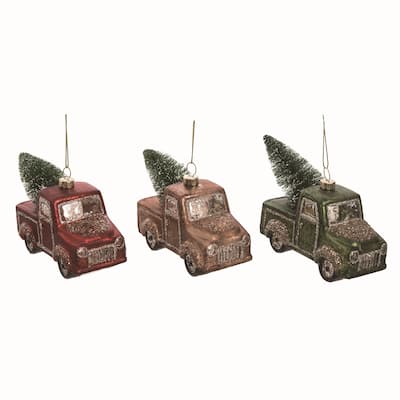 Transpac Glass Truck w/Tree Ornament Set of 3 Christmas Home Decorations - Multicolor