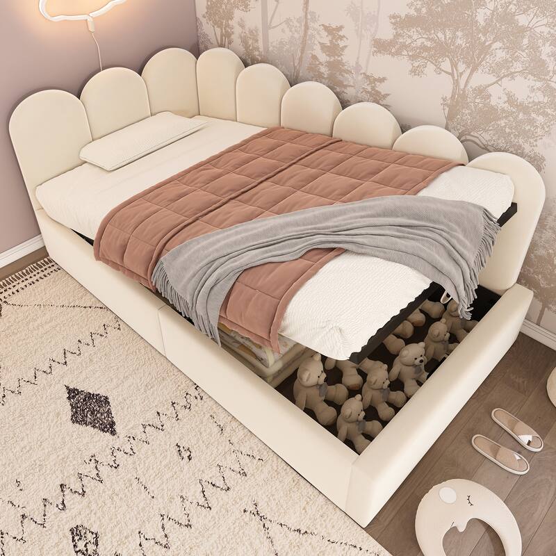 Velvet Upholstered Daybed with Hydraulic Storage, Twin Size Sofa Bed, Metal Slatted Frame, Beige