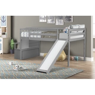 Grey Twin Size Pine Wood Loft Bed with Slide, Staircase, Storage, Full-length Guardrails