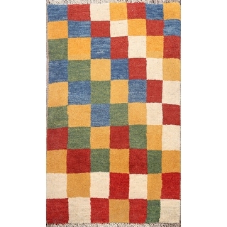 Modern Checkered Gabbeh Persian Area Rug Wool Handmade Carpet - 2'8