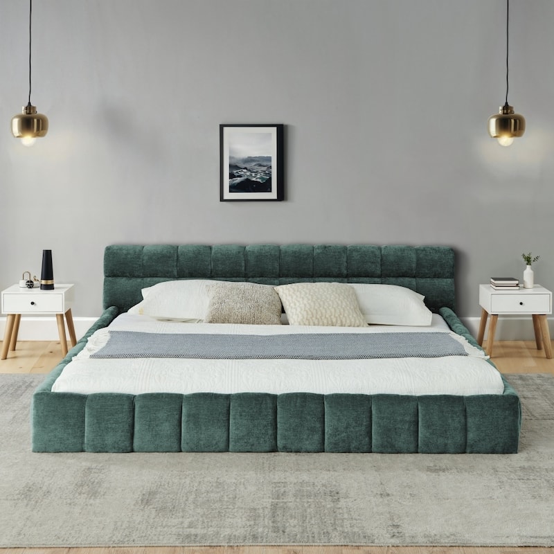 Chenille Fabric Grounded King Size Platform Bed with Headboard and Solid Frame - Green