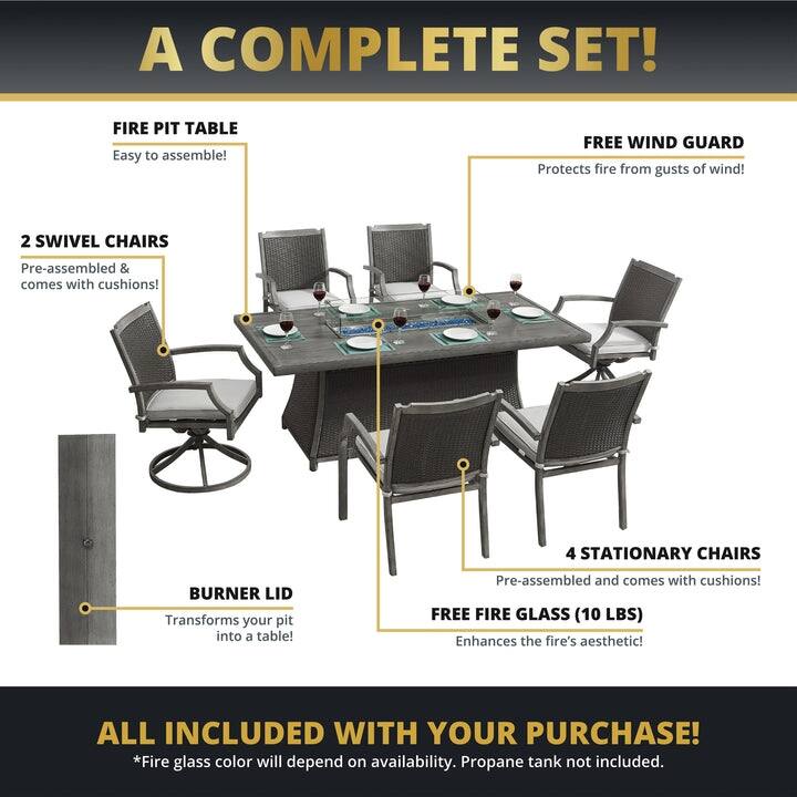 Kinger Home Isla Rattan 7-Piece Patio Set with Propane Fire Pit Table - 76-Inch