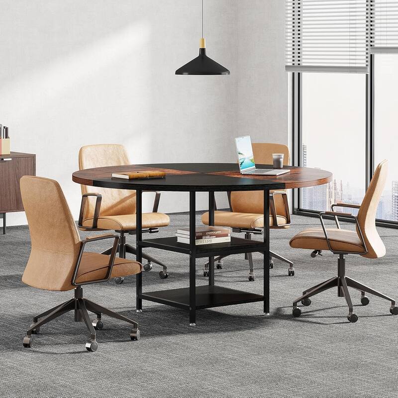 47-Inch Round Wood Conference Table with Storage Shelf Office Training Desk for Conference/Seminar Room