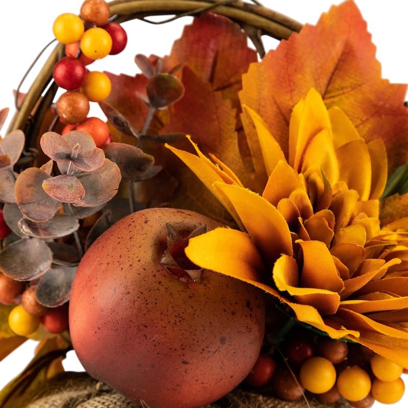 Mixed Autumn Harvest Flora in a Pumpkin Basket Decoration - 9"