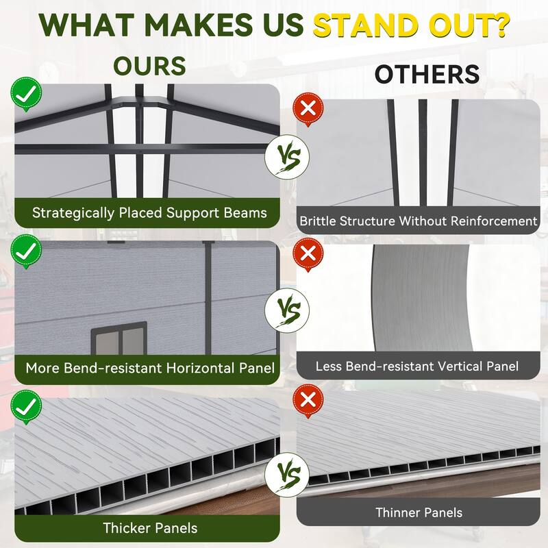 EROMMY Outdoor Storage Shed with Built-In Floor, Lockable Double Doors & Sloped Roof, Gray/Black