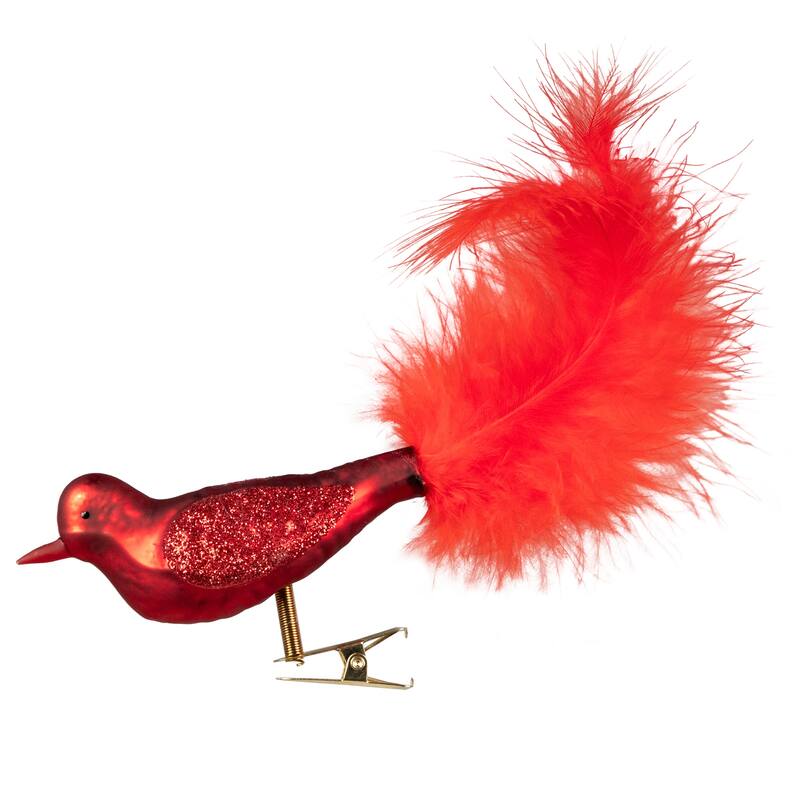 Glitter Winged Bird with Tail Clip On Glass Christmas Ornament - 5.5" - Red Orange