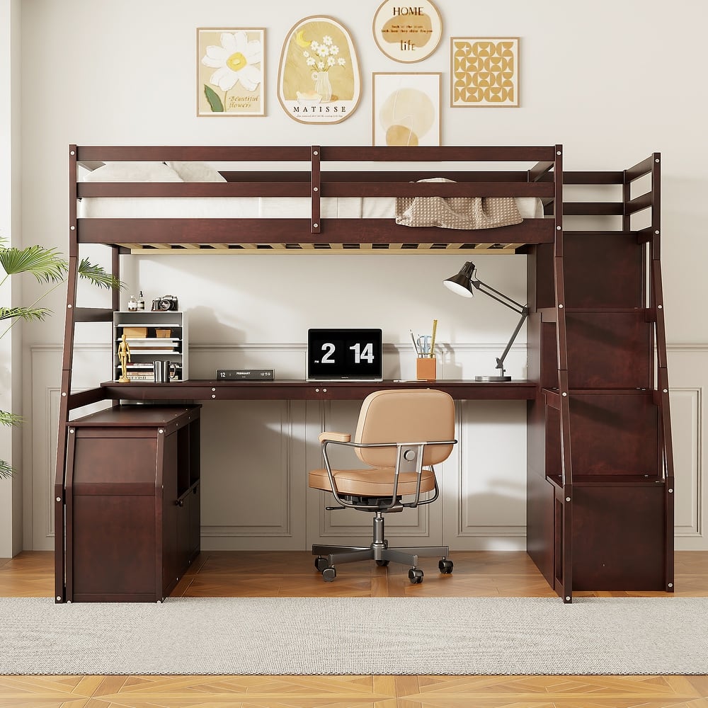 Twin/Full Size Wooden High Loft Bed with Built In Desk, Solid Pinewood Loftbed Frame with 7 Drawers and Storage Cabinet