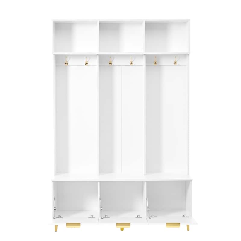 Roomfitters Modern Hall Tree with Storage Bench, Entryway Organizer with High Gloss Fluted Doors and 6 Gold Coat Hooks