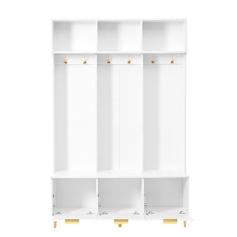 Storage Hall Tree with Bench, Multi-functional Storage Bench with High Gloss Fluted Doors, Coat Rack with 6 Hooks and Legs