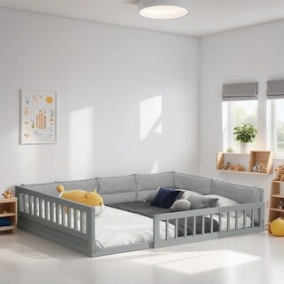 Full Size Upholstered Platform Bed Frame with Full Length Guardrail, Pine Wooden Bed with Pillow, Subdued Gray