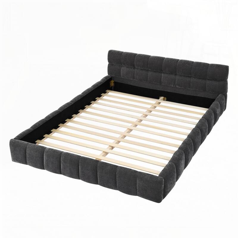 Chenille Fabric Grounded Queen Size Platform Bed with Headboard and Solid Frame