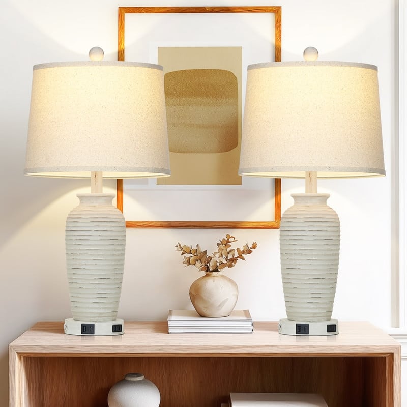 Set of 2 Touch Control 25-Inch Table Lamps with USB & Type-C Ports and Drum Shades