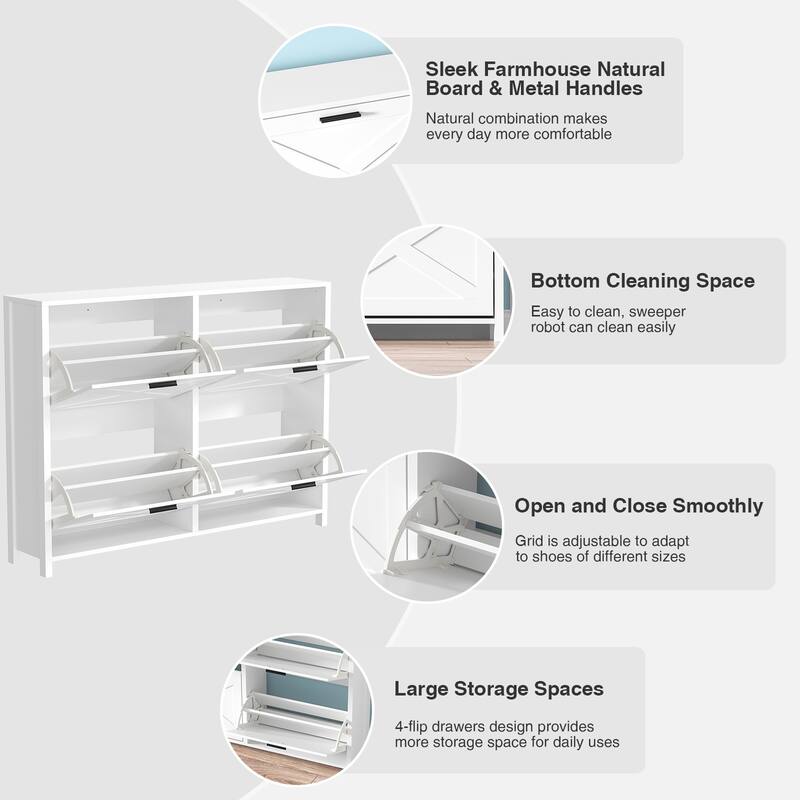 Farmhouse Shoe Cabinet with 4 Flip Drawers - Entryway Shoe Storage