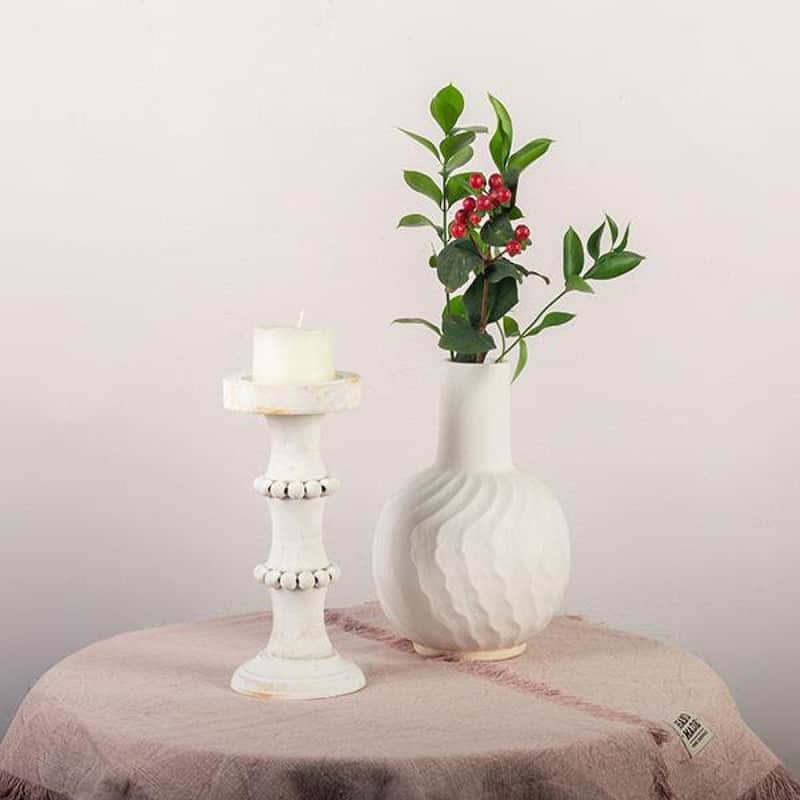 Washed White Wood With Beads Column Candle Holder