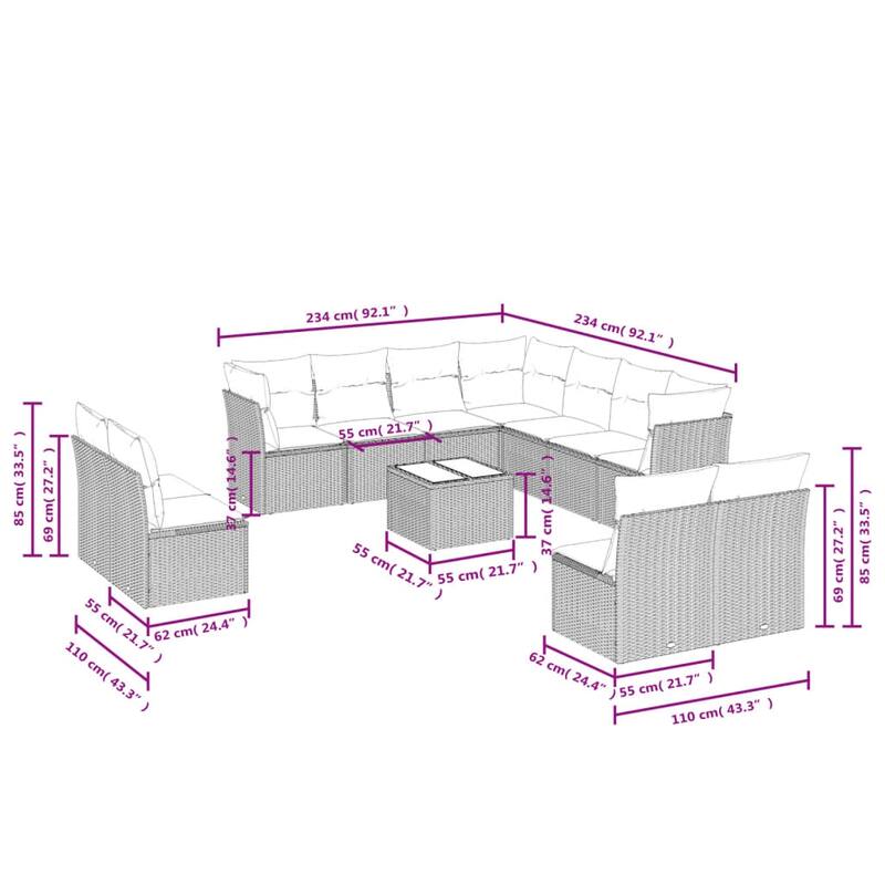 vidaXL 11/12 Piece Patio Sofa Set with Cushions Black/Brown/Gray Poly Rattan - 21.7 x 24.4 x 27.2