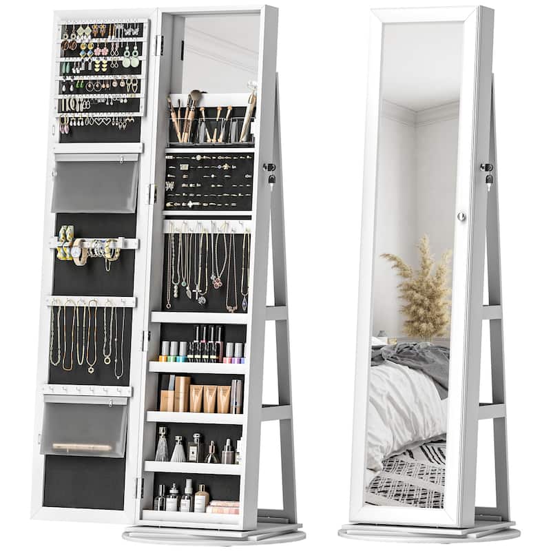 HOMCOM 360° Swivel Jewelry Cabinet, Lockable Jewelry Armoire Organizer with Full-Length Mirror for Bedroom Living Room - White