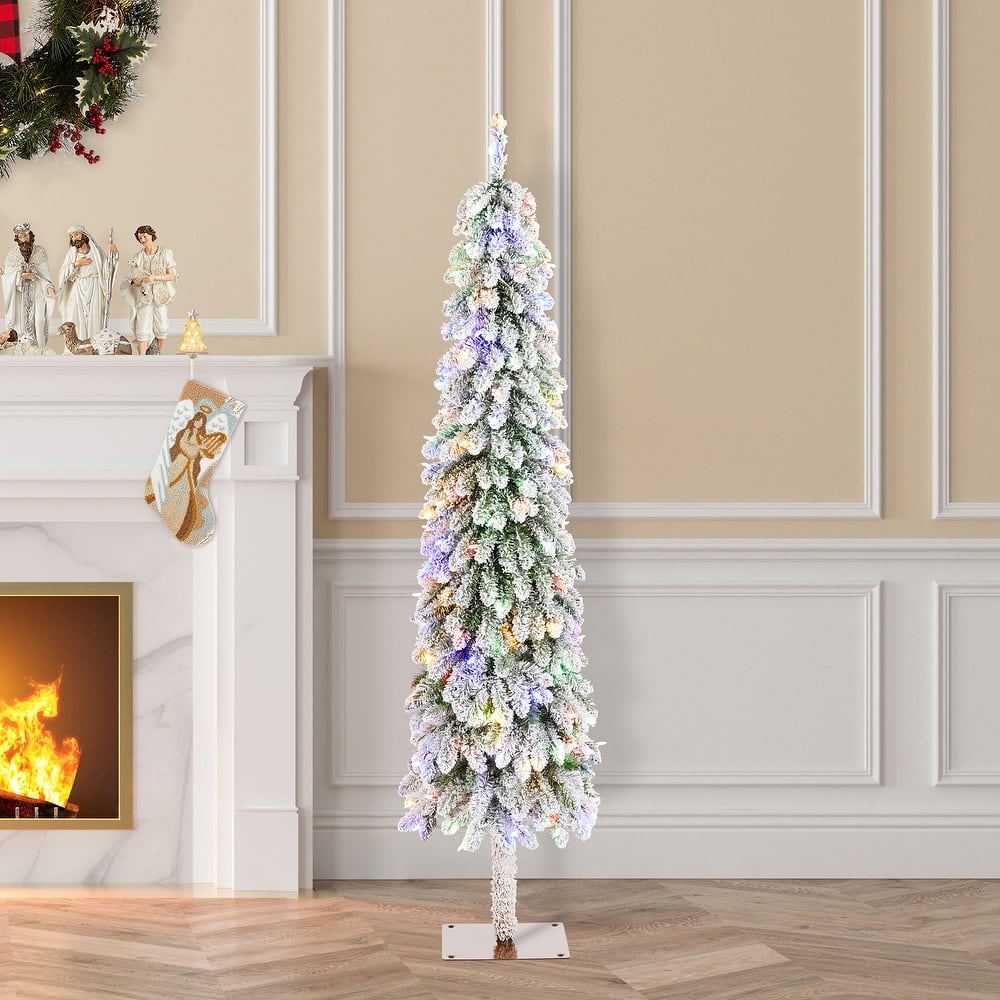  Glitzhome 4.5/6/7.5ft Pre-Lit Pencil Slim Artificial Christmas Tree with Snow Flocked Branches, Multicolored Lights and Base