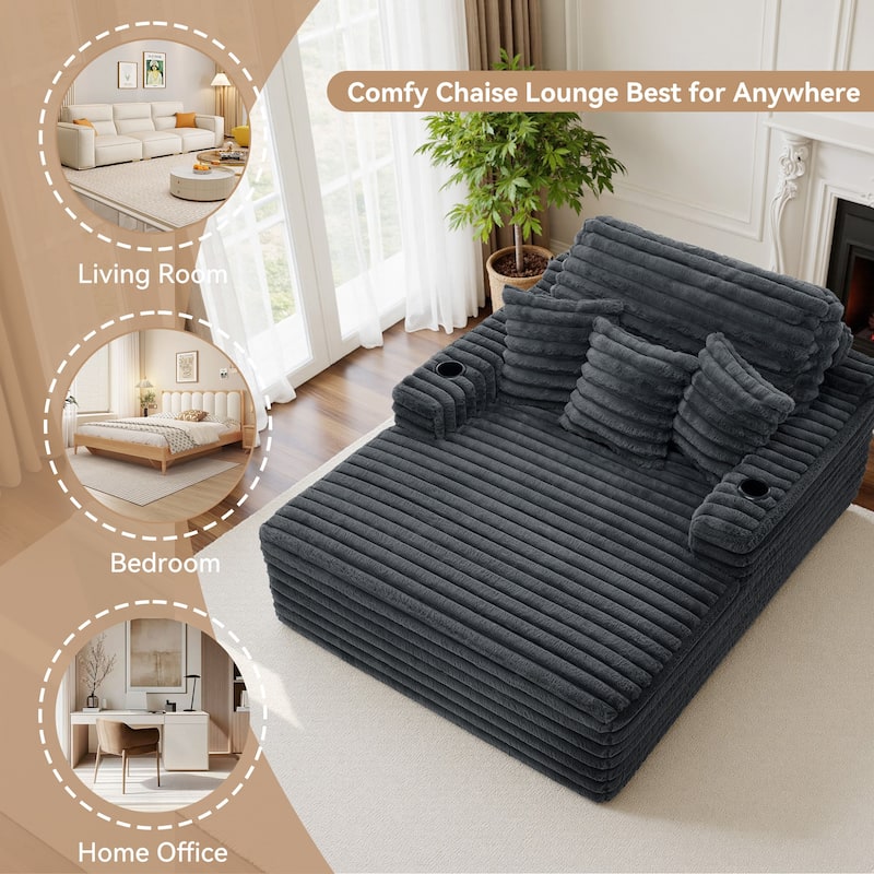 Indoor Oversized Plush Chaise Lounge with Pillows and Cup Holder