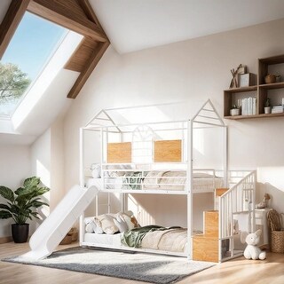Twin Over Twin Metal Housebed with Slide and Storage Stair, White