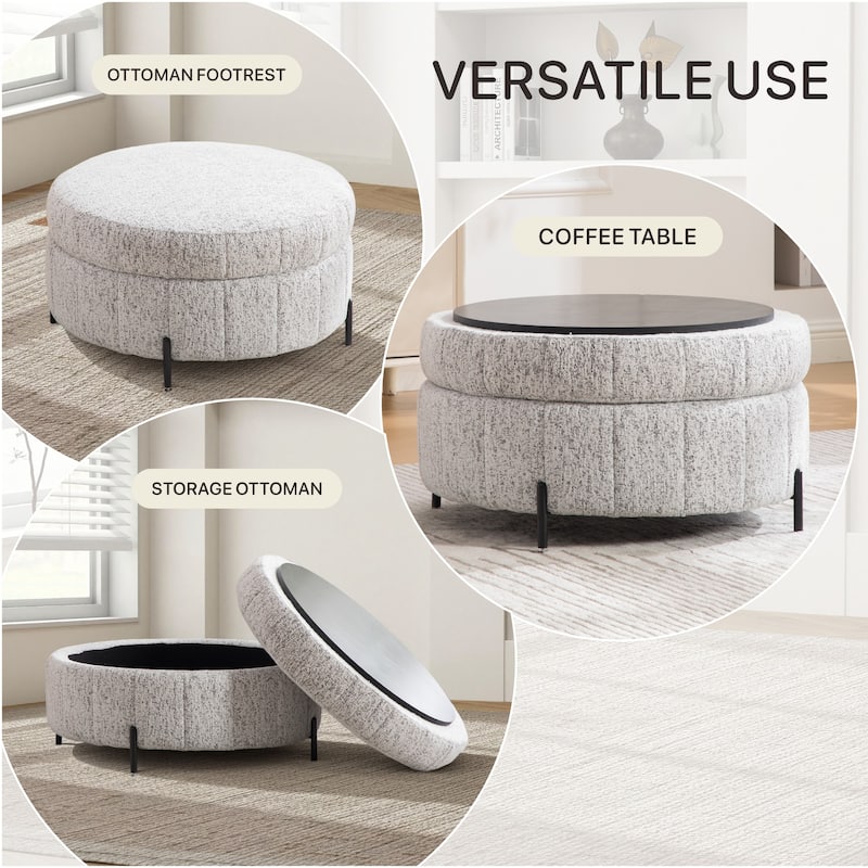 31.3"W Round Storage Ottoman, Footstool with Reversible Lid,Coffee Table,Metal Legs