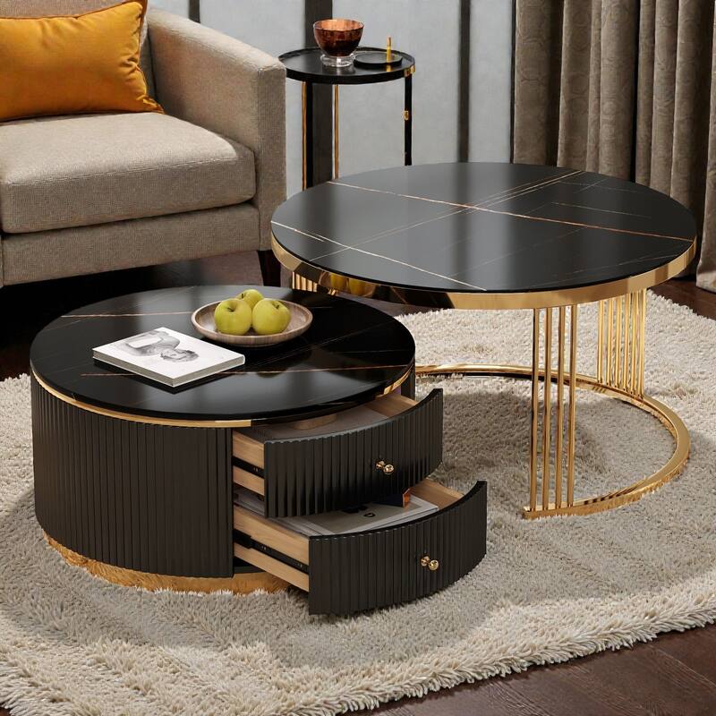 Modern Round Nesting Coffee Table Set of 2 with Drawers. MDF Top and Gold Metal Legs. Space Saving Accent Tables