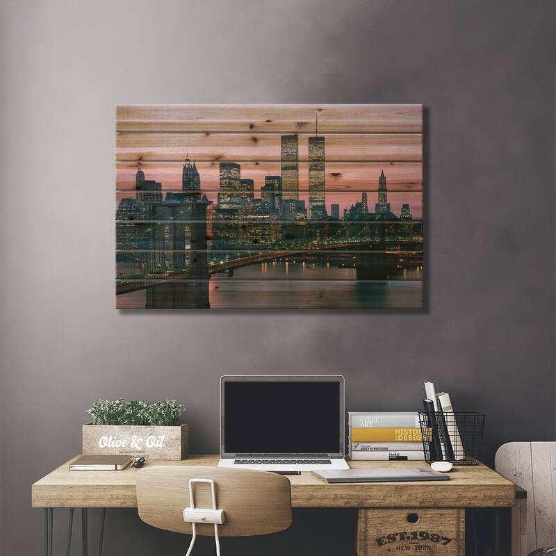 1980s New York City, NY Downtown Skyline At Dusk Print On Wood by Vintage Images - Multi-Color