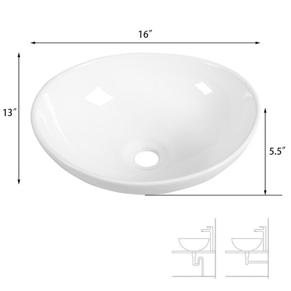 Vessel Sink Vanity Basin Porcelain Ceramic Bowl Pop Up Drain Oval White Bathroom 