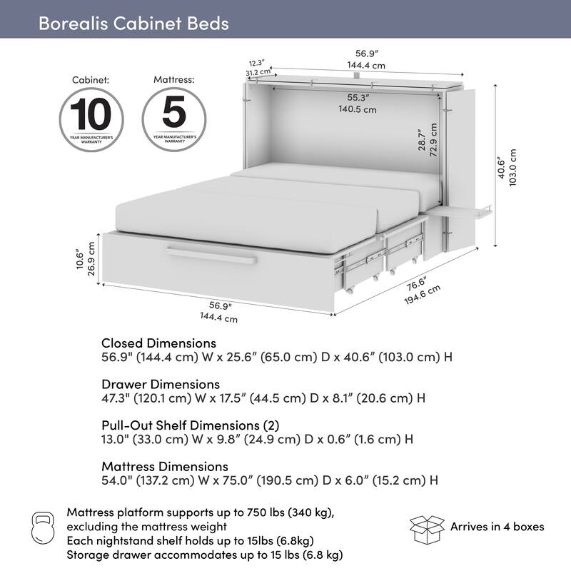Bestar Borealis 57W Full Murphy Cabinet Bed with Drawer and Mattress