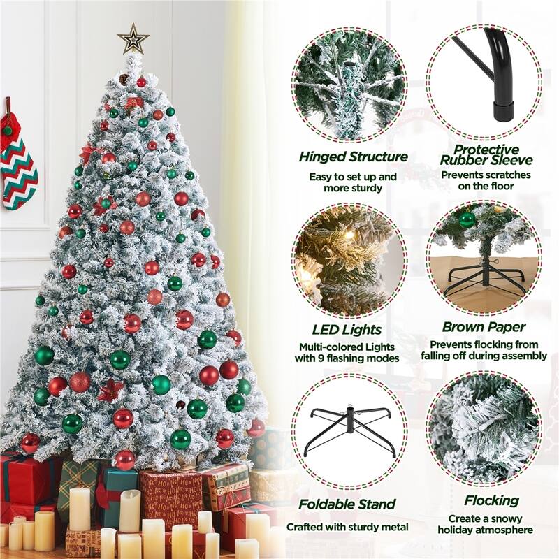 Yaheetech Pre-lit 4.5ft/6ft/7/5ft/9ft Flocked Artificial Christmas Tree with Foldable Stand, Green