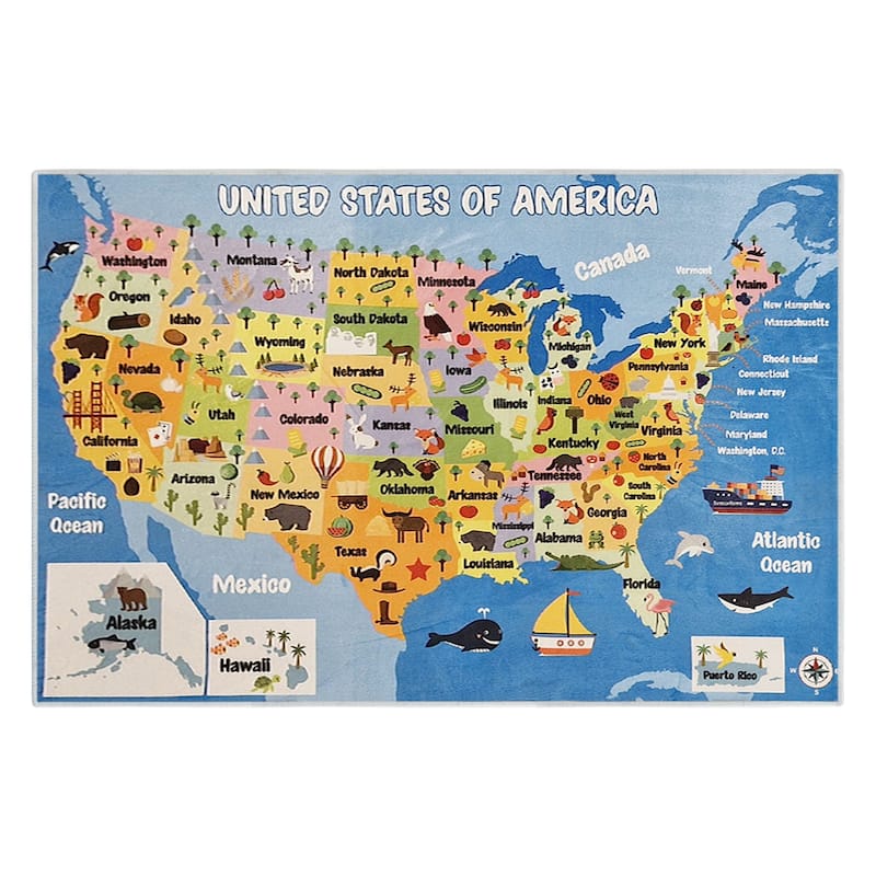 Sussexhome Low Pile Non-Slip Washable Educational Rug - 39.5" x 59" Rectangle - Usa Map - Blue