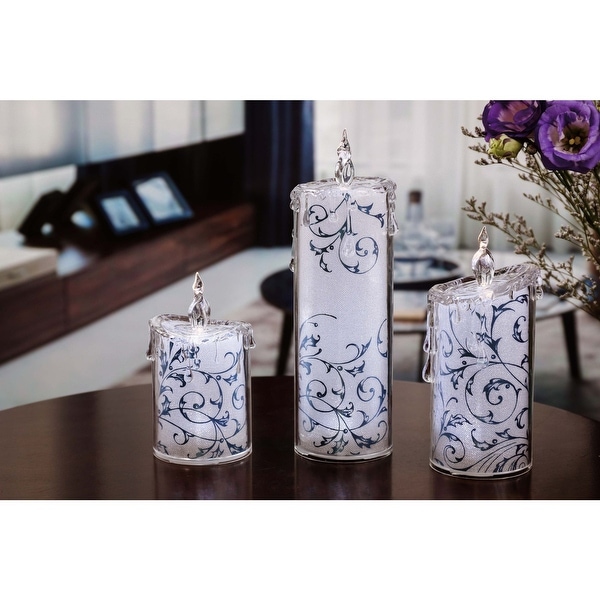 Set of 2 Blue and White Contemporary Swirly Leaves LED Lighted Candles - N/A